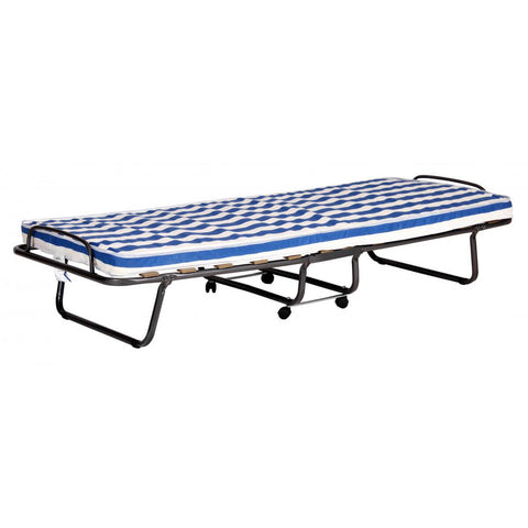 Stockholm folding bed with mattress fully opened showing the striped sleeping surface