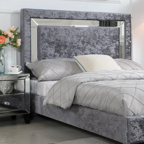 Augustina Crushed Velvet Bed Silver with Mirror