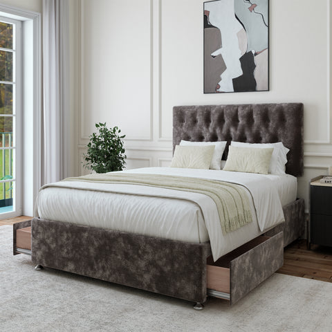 Charcoal Chenille Maurice Divan Bed in a bedroom setting