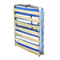 Copenhagen folding bed folded compactly for storage showing its slim profile