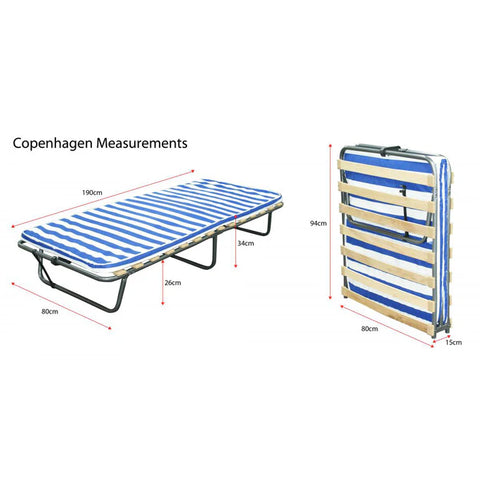 Infographic diagram showing the Copenhagen folding bed in open and closed positions with detailed dimension measurements