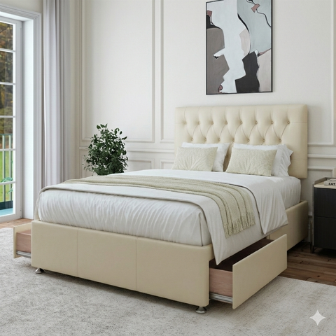 he Malaga cream faux leather divan bed styled in a modern bedroom setting
