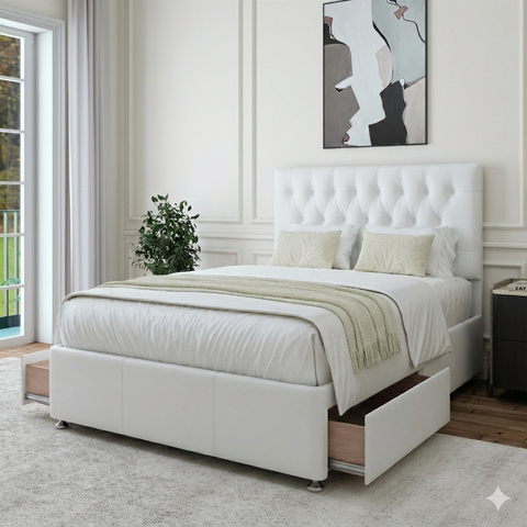 The Malaga white faux leather divan bed styled in a modern bedroom setting