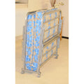 Miami folding single bed silver frame folded compactly for storage showing the built-in castors