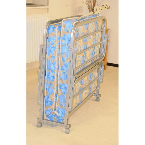 Miami folding single bed silver frame folded compactly for storage showing the built-in castors