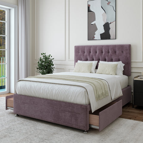 Mauve Naples velvet divan bed showcased in a styled bedroom setting.