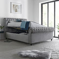 Osborne grey velvet chesterfield side opening ottoman bed showing spacious underbed storage in a modern bedroom