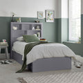 Oscar grey wooden gas lift single bed with bookcase headboard in a modern bedroom setting