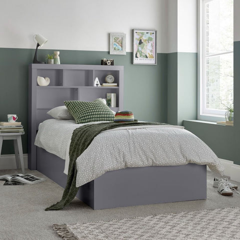 Oscar grey wooden gas lift single bed with bookcase headboard in a modern bedroom setting