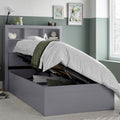 Grey Oscar single wooden gas lift bed open from side showing spacious under-bed storage compartment