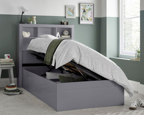 Grey Oscar single wooden gas lift bed open from side showing spacious under-bed storage compartment