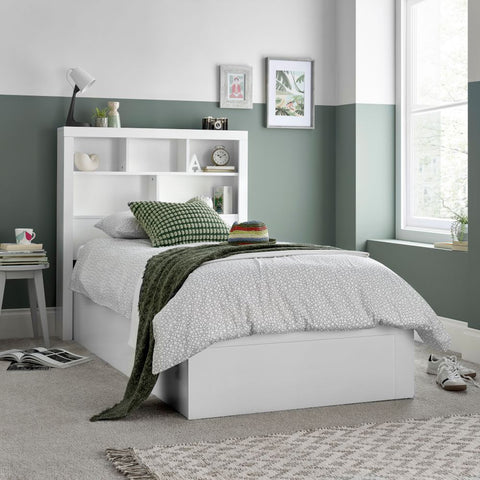 Oscar white wooden gas lift single bed with bookcase headboard in a modern bedroom setting