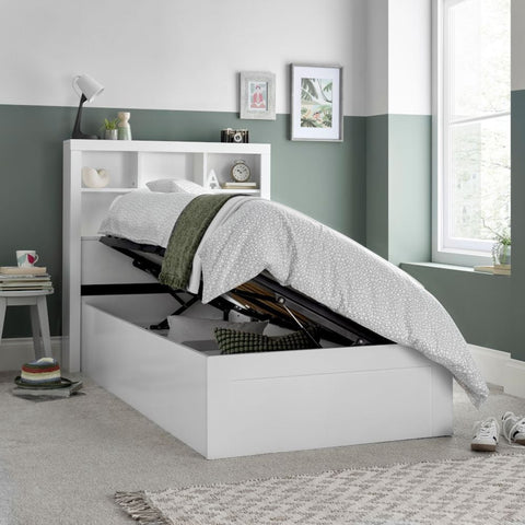 White Oscar single wooden gas lift bed open from side showing spacious under-bed storage compartment