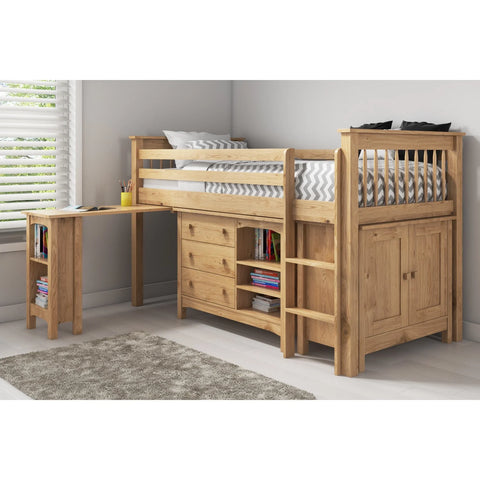 Porto pine mid sleeper with built-in desk, chest, and bookcase