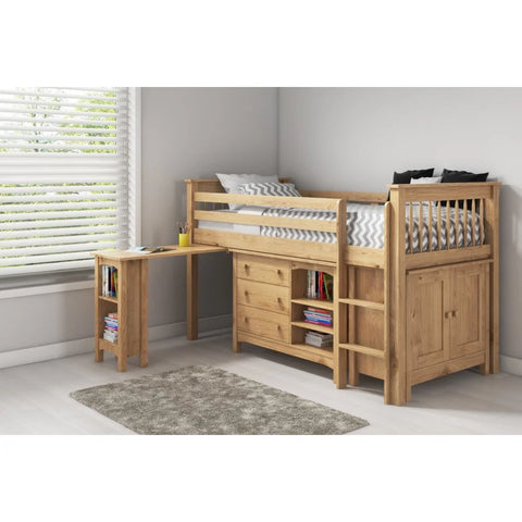 Detailed view of the integrated desk, chest, and bookcase on the Porto pine mid sleeper