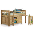 Porto pine mid sleeper styled with a mattress, pillows, and books on the bookcase shelf