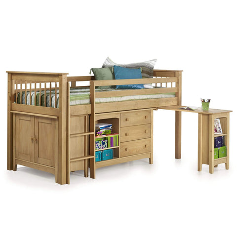 Porto pine mid sleeper styled with a mattress, pillows, and books on the bookcase shelf