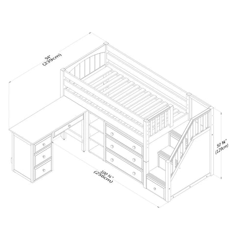 Porto Midi Sleeper with Desk, Chest & Bookcase White