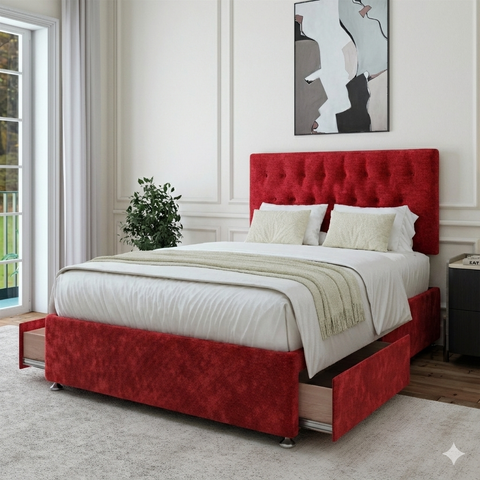Red Chenille Maurice Divan Bed in a bedroom setting