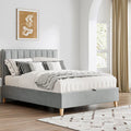 Rhodes velvet ottoman bed in grey with contemporary headboard and wooden feet