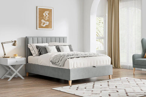 Rhodes velvet ottoman bed in grey with contemporary headboard and wooden feet