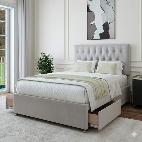 The silver suede divan bed styled in a modern bedroom setting