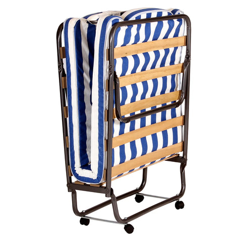 Stockholm folding bed with mattress closed and folded up with the mattress intact for compact storage