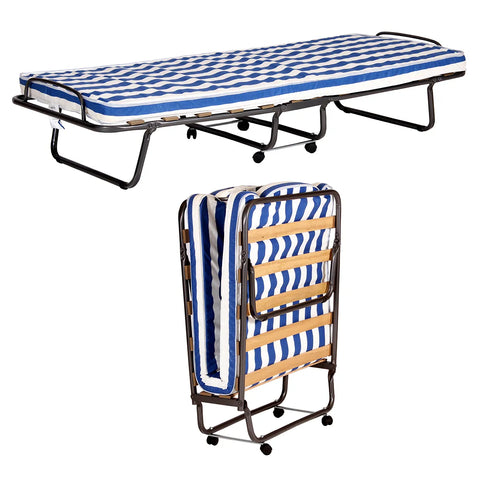 Stockholm folding bed with mattress shown in both open setup and folded closed positions for comparison