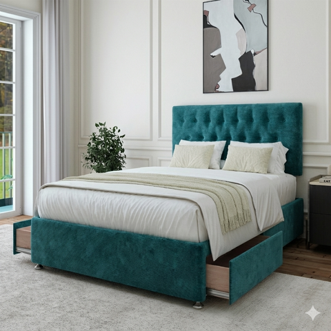 Teal Chenille Maurice Divan Bed in a bedroom setting