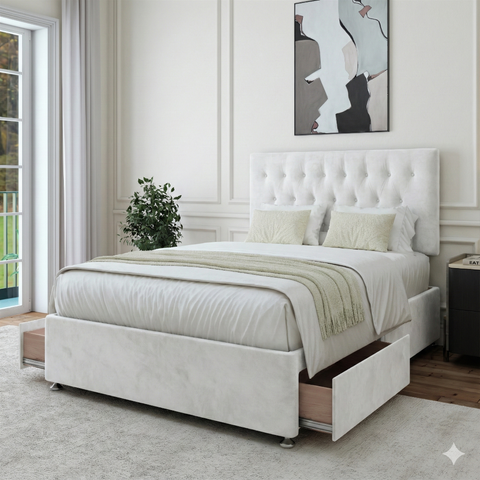 The white suede divan bed styled in a modern bedroom setting